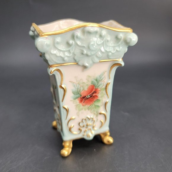 Royal Crown China Vase Square Floral Signed Green Cream Gold Trimmed Cr603 - Picture 2 of 8